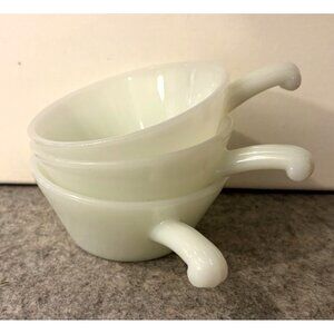 3 Anchor Hocking Fire King White Milk Glass Soup Bowls w/ Handles #3252